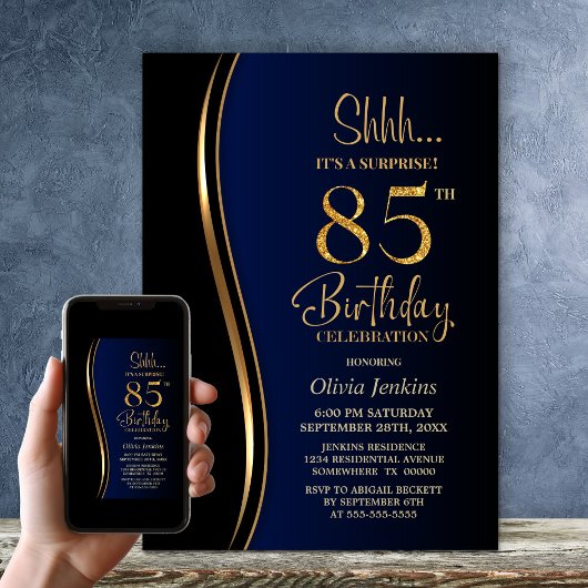 Black Gold Blue Überraschung 85. Geburtstag Einladung