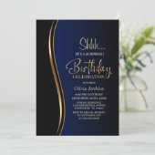 Black Gold Blue Überraschung Geburtstagsparty Einladung (Stehend Vorderseite)