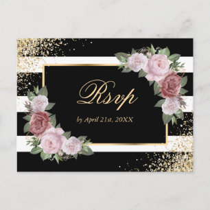 Black Gold Blush Floral Wedding RSVP Postcard Einladungspostkarte