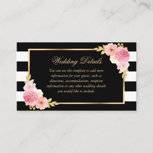 Black Gold Blush Pink Floral Wedding Details Card Begleitkarte (Vorderseite)