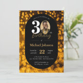 Black Gold Bokeh Foto 30. Geburtstag Einladung (Stehend Vorderseite)