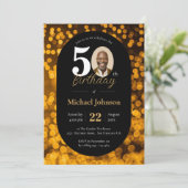 Black Gold Bokeh Foto 50. Geburtstag Einladung (Stehend Vorderseite)