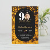Black Gold Bokeh Foto 90. Geburtstag Einladung (Stehend Vorderseite)