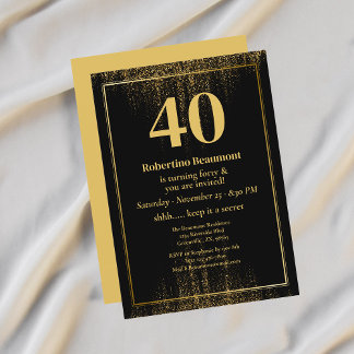 Black Gold Border Glitter Modern 40th Birthday Einladung