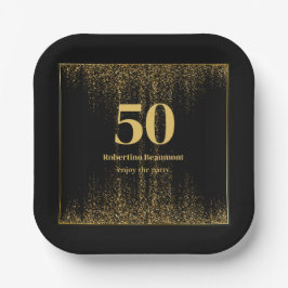 Black Gold Border Glitzer Moderner 50. Geburtstag Pappteller