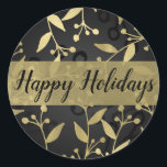 Black & Gold Botanical Merry Christmas Elegante Runder Aufkleber<br><div class="desc">Anpassen mit jedem Text. Matching-Elemente sind verfügbar.</div>