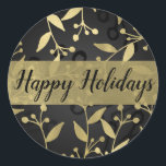Black & Gold Botanical Merry Christmas Elegante Runder Aufkleber<br><div class="desc">Anpassen mit jedem Text. Matching-Elemente sind verfügbar.</div>