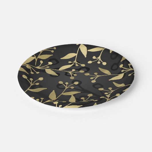 Black Gold Botanical Modern Rustic Branches Party Pappteller (Schrägansicht)