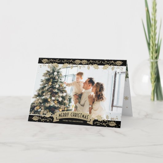 Black Gold Botanical Photo Christmas Card Karte (Vorderseite)