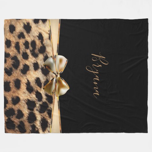 Black & Gold Bow Leopard Cheetah Animal Print Fleecedecke (Vorderseite (Horizontal))