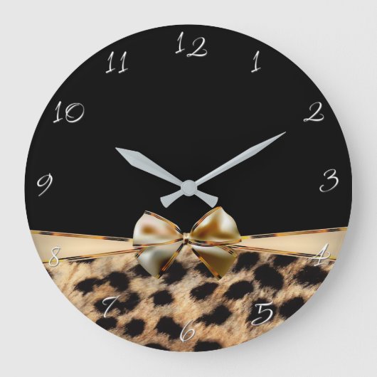 Black & Gold Bow Leopard Cheetah Animal Print Große Wanduhr (Vorderseite)