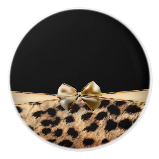 Black & Gold Bow Leopard Cheetah Animal Print Keramikknauf (Vorderseite)