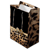 Black & Gold Bow Leopard Cheetah Animal Print Mittlere Geschenktüte (Vorderseite Schrägansicht)