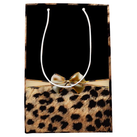 Black & Gold Bow Leopard Cheetah Animal Print Mittlere Geschenktüte (Vorderseite)
