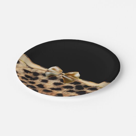 Black & Gold Bow Leopard Cheetah Animal Print Pappteller (Schrägansicht)