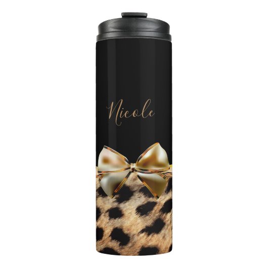 Black & Gold Bow Leopard Cheetah Animal Print Thermosbecher (Vorderseite)
