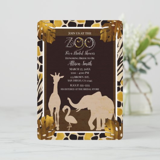 Black Gold Brown Zoanimals Safari Brautparty Einladung (Stehend Vorderseite)