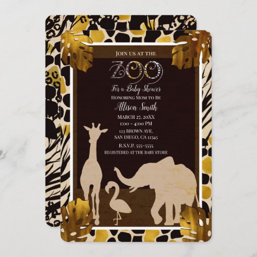 Black Gold Brown Zoanimals Safari Print Party Einladung (Vorne/Hinten)