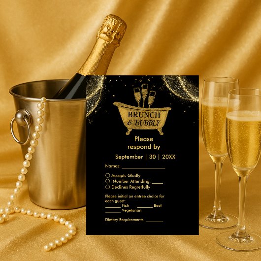 Black Gold Brunch & Bubbly Wedding RSVP Karte