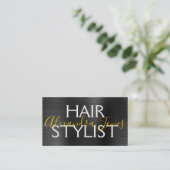 Black Gold Brushed Metal Hair Stylist Visitenkarte (Stehend Vorderseite)