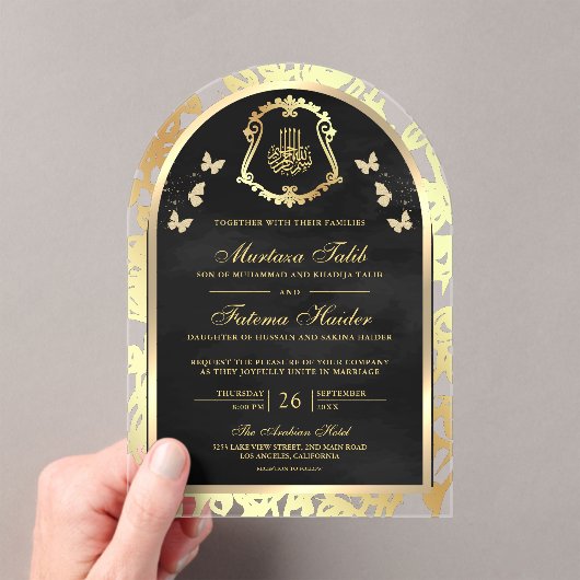 Black Gold Butterfly Arch Muslime Hochzeit Acryleinladungen (Insitu (Handheld))