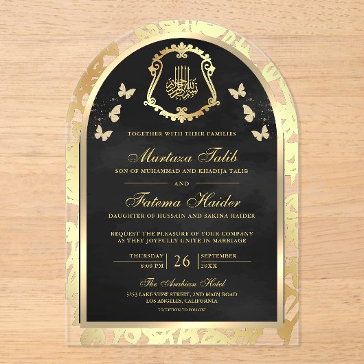 Black Gold Butterfly Arch Muslime Hochzeit Acryleinladungen (Vorderseite)