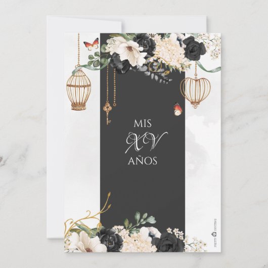 Black & Gold Butterfly Flora Elegantes Quinceañera Einladung (Rückseite)
