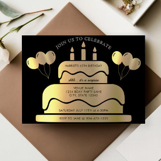 Black & Gold Cake Balloons 65. Geburtstag Einladung