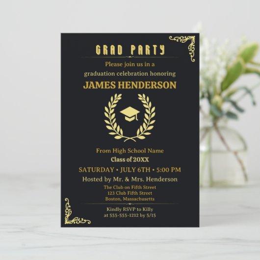 Black Gold Calligraphy Graduation Party 2025 Einladung (Stehend Vorderseite)