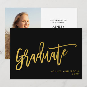 Black Gold Calligraphy Script Graduate Foto Party Einladung