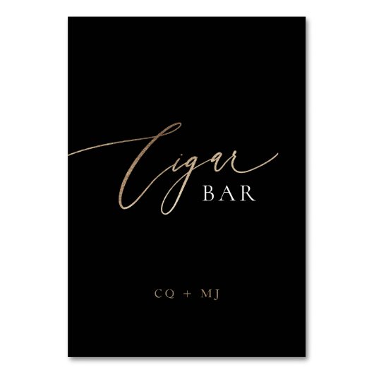 Black Gold Calligraphy Wedding Cigar Bar Sign Tischnummer (Vorderseite)