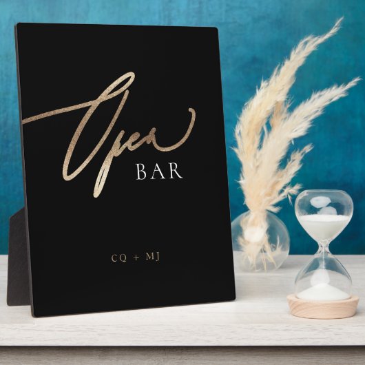 Black Gold Calligraphy Wedding OPEN Bar Sign Fotoplatte (Seite)