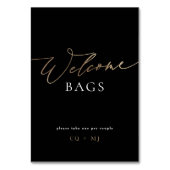 Black Gold Calligraphy Wedding Welcome Bags Sign Tischnummer (Vorderseite)