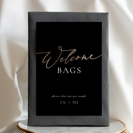 Black Gold Calligraphy Wedding Welcome Bags Sign Tischnummer