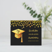 Black Gold Cap Graduation Party Save the Date Kart (Stehend Vorderseite)