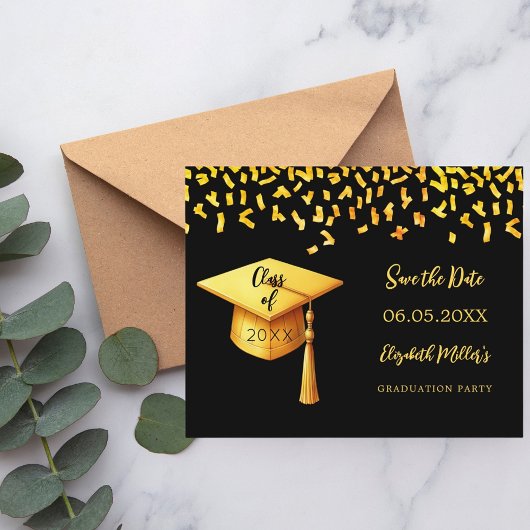 Black Gold Cap Graduation Party Save the Date Kart