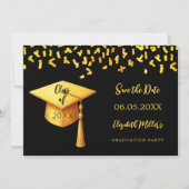 Black Gold Cap Konfetti Graduation Party Save The Date (Vorderseite)