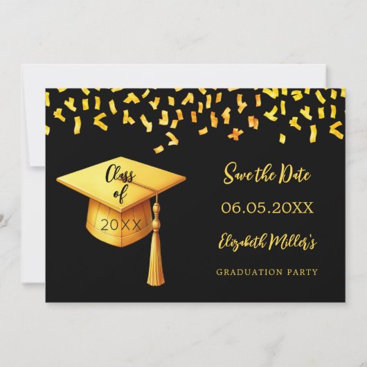 Black Gold Cap Konfetti Graduation Party Save The Date (Vorderseite)