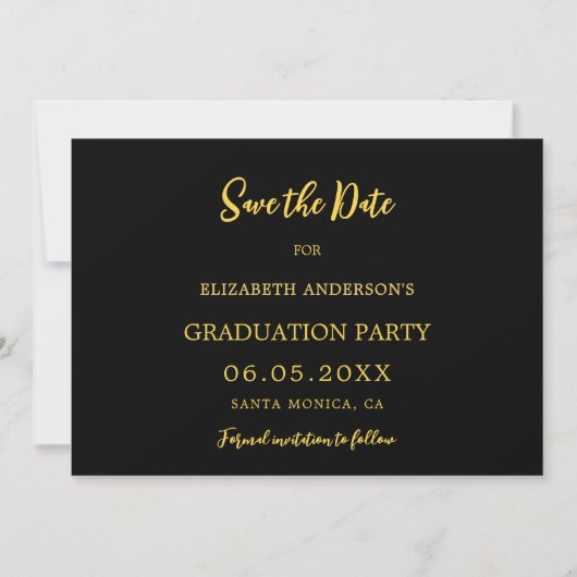 Black Gold Cap Konfetti Graduation Party Save The Date (Rückseite)