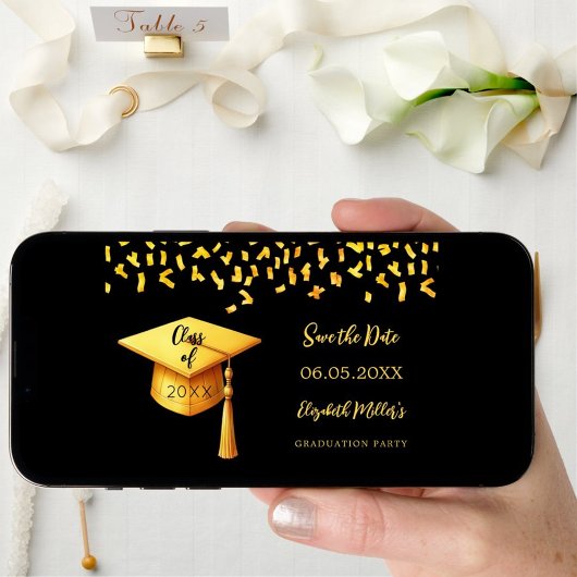 Black Gold Cap Konfetti Graduation Party Save The Date