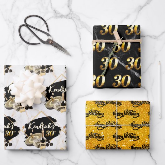 Black & Gold Casino 30. Geburtstag Geschenkpapier Set (Vorderseite)