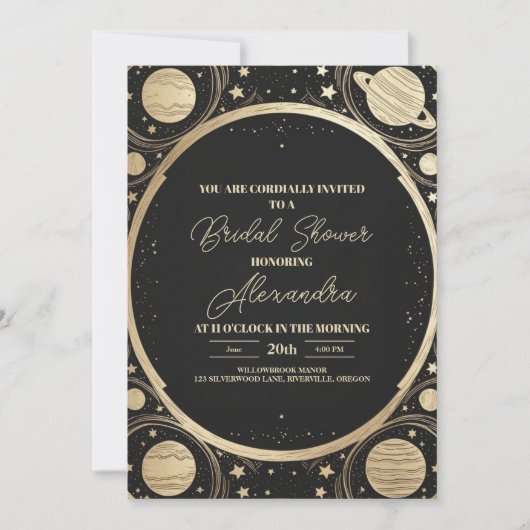 Black Gold Celestial Crescent Moon Brautparty Einladung (Vorderseite)