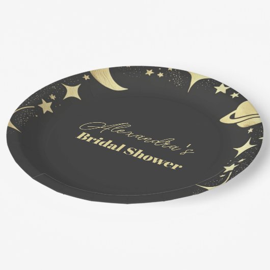 Black Gold Celestial Crescent Moon Brautparty Pappteller (Schrägansicht)