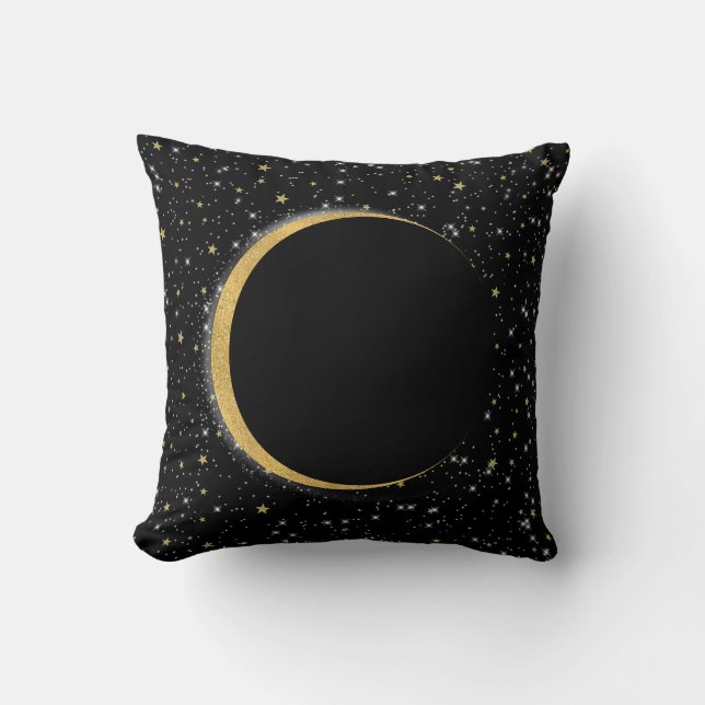 Black & Gold Celestial Moon Magic Lunar Stars Kissen (Vorderseite)
