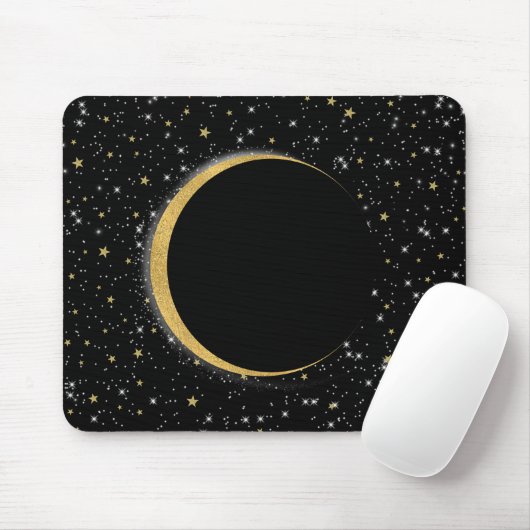 Black & Gold Celestial Moon Magic Lunar Stars Mousepad (Mit Mouse)