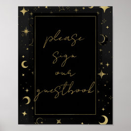Black & Gold Celestial Moon Stars Hochzeit Poster