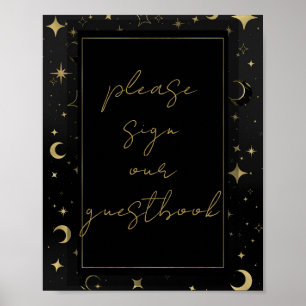 Black & Gold Celestial Moon Stars Hochzeit Poster