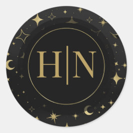 Black & Gold Celestial Moon Stars Hochzeit Runder Aufkleber