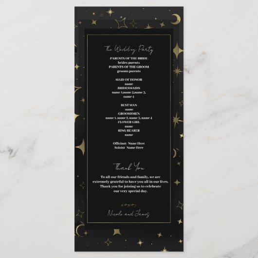 Black & Gold Celestial Moon Stars Hochzeitsprogram Programm (Rückseite)