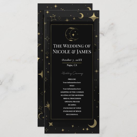 Black & Gold Celestial Moon Stars Hochzeitsprogram Programm (Vorne/Hinten)